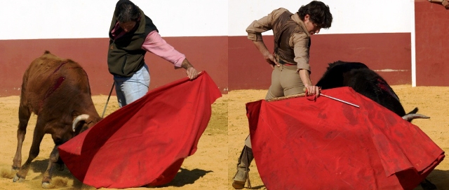 Antonio Muñoz y Manuel Larios tentando en Guadajira. (FOTO:Gallardo)